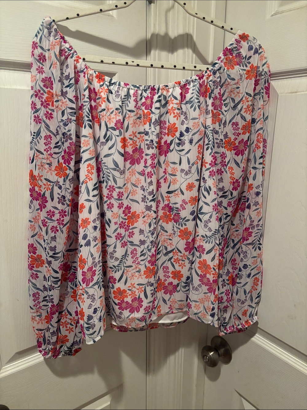 CeCe White Floral Off-Shoulder Blouse with Pink & Orange Flowers